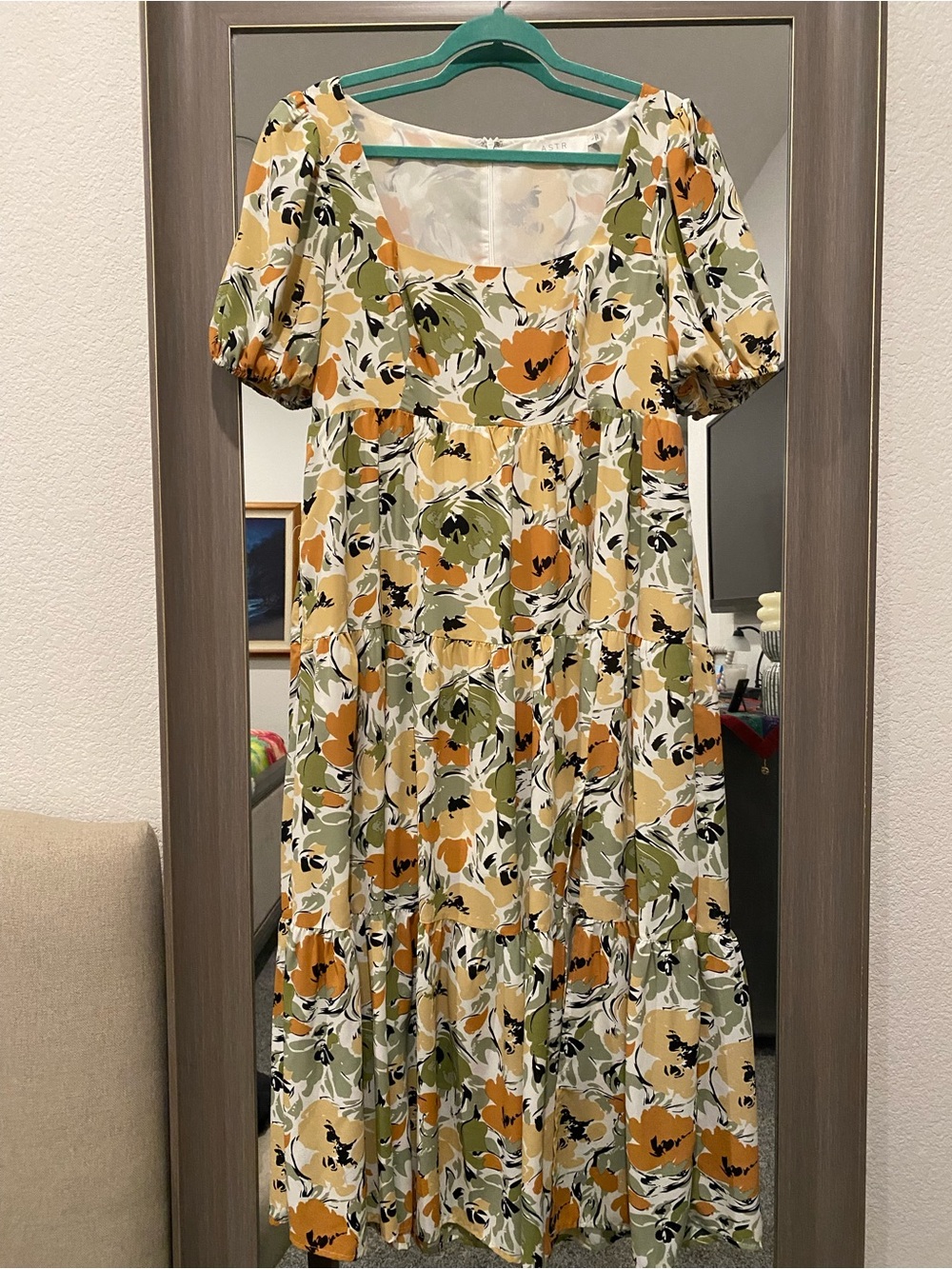Astr Floral Tiered Maxi Dress in Mustard, Olive & Cream